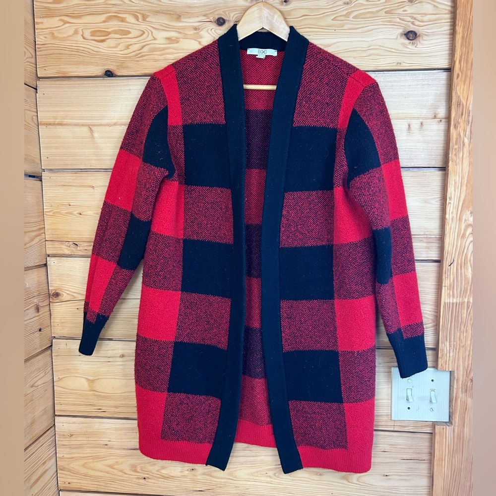 Women's Small Wool Cotton Red and Black Plaid Cardigan Thick‎ Heavy Quiet Luxury